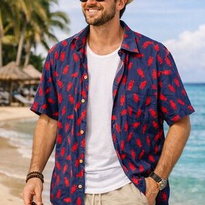 Men's Casual Navy Shirt with Red Lobster Print